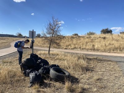 12 bags of collected trash plus a tire!