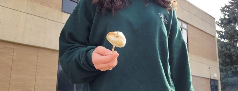 A Centaurus High School student roasts a marshmallow on a fire they built with their class