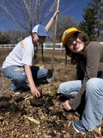 Two students are digging in the dirt at Ollin Farms on their field day adventure.