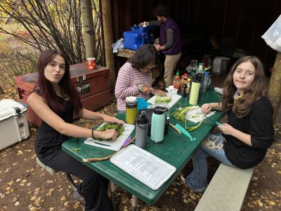 AXL students prep dinner around a table at the campsite.