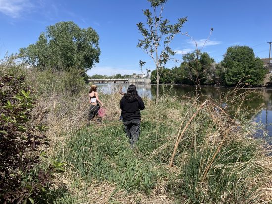 Two student walk toward the water with nets as they prepare to catch macroinvertebrates on their field day trip.