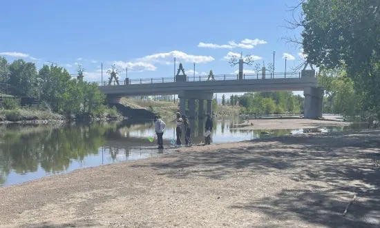 Four students stand near the water by a bridge during their outdoor trip focused on water quality.